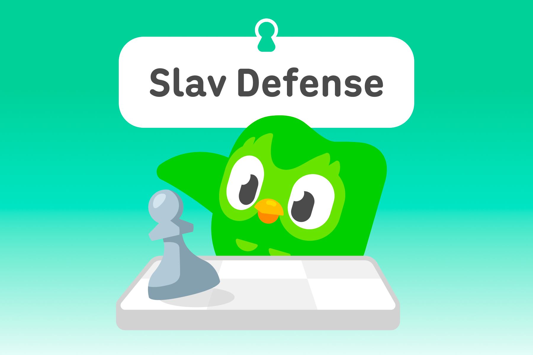 Illustration of Duo the owl at a chess board, reaching for a pawn. The title above is “Slav Defense.”
