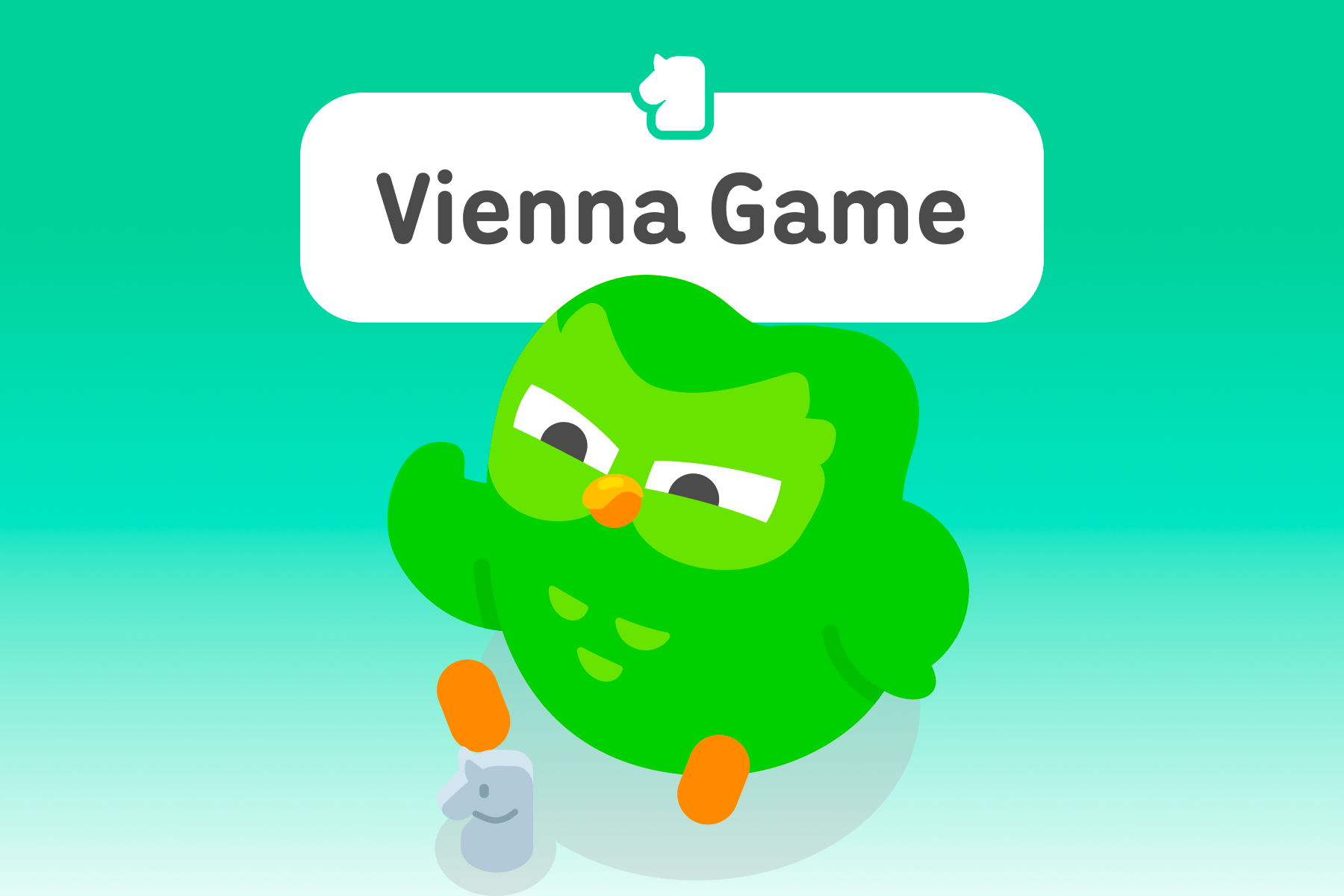 Illustration of Duo the owl looking skeptically at a knight chess piece. The title above is “Vienna Game.”