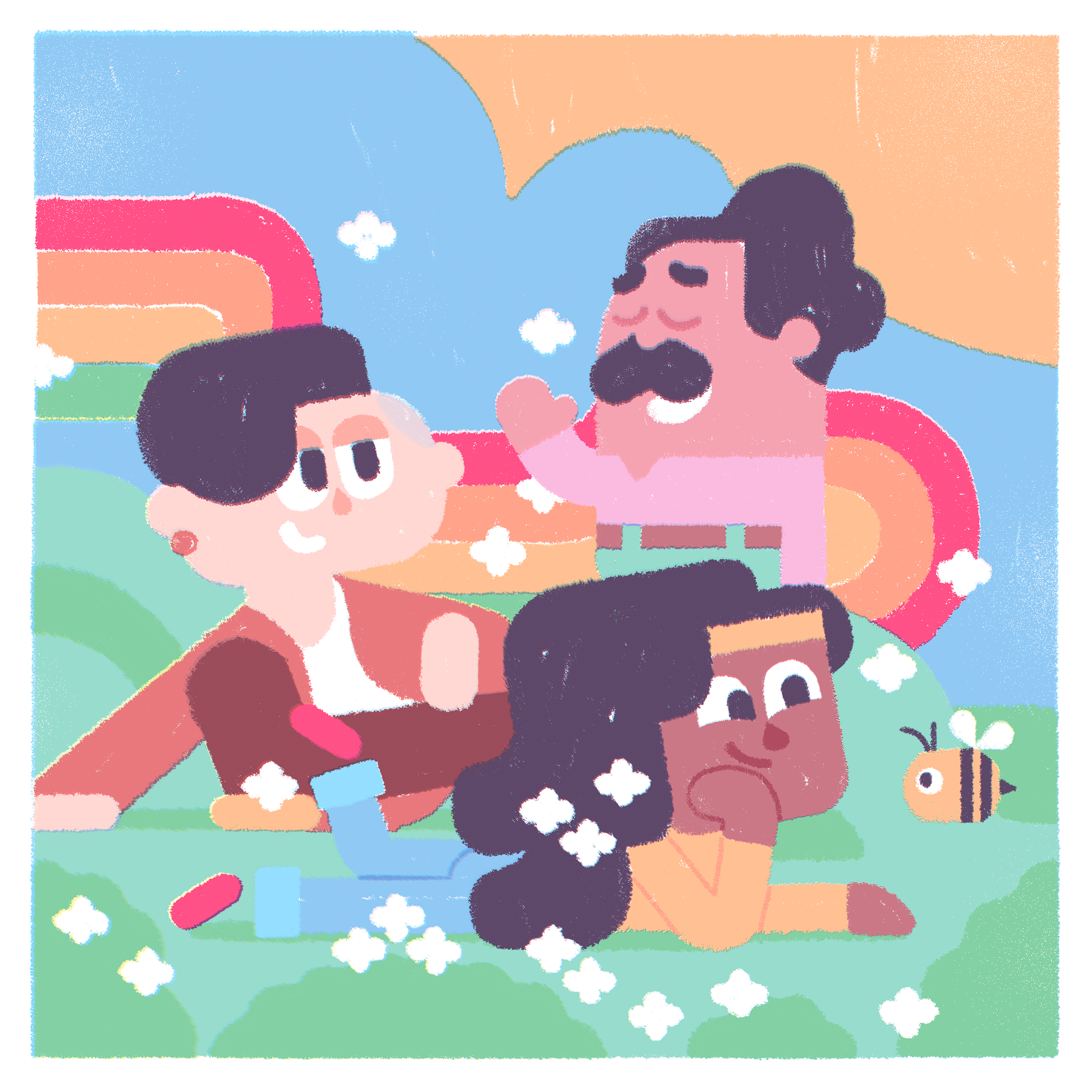 Illustration des trois personnages LGBTQIA+ de Duolingo : Lin, Oscar et Béa. Ils sont dans une prairie remplie de fleurs, d’abeilles, d’arcs-en-ciel et le ciel est bleu. Béa est allongée dans l’herbe, souriant à une abeille et l’air rêveuse. Lin est assise en tailleur à proximité et Oscar se tient debout sur une petite colline derrière elles.