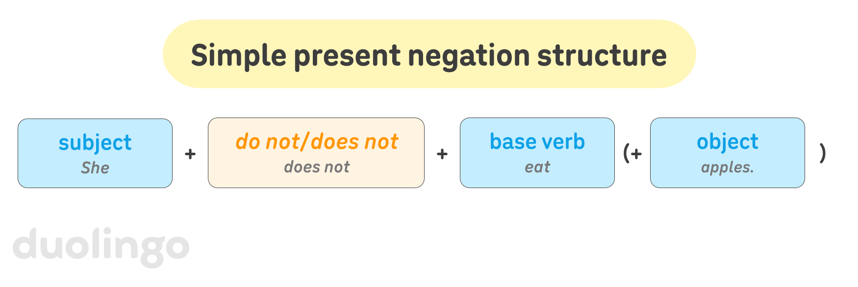 The heading “Simple present negation structure”, followed by four boxes representing parts of the sentence, including an English example: 1) subject (example: “she”), 2) “do not/does not” (example: “does not”, 3) base verb (example: “eat”), 4) object (example: ”apples”). The first three boxes are separated by a plus sign. The last box (object) and its plus sign are encased in parentheses, indicating that an object is optional.
