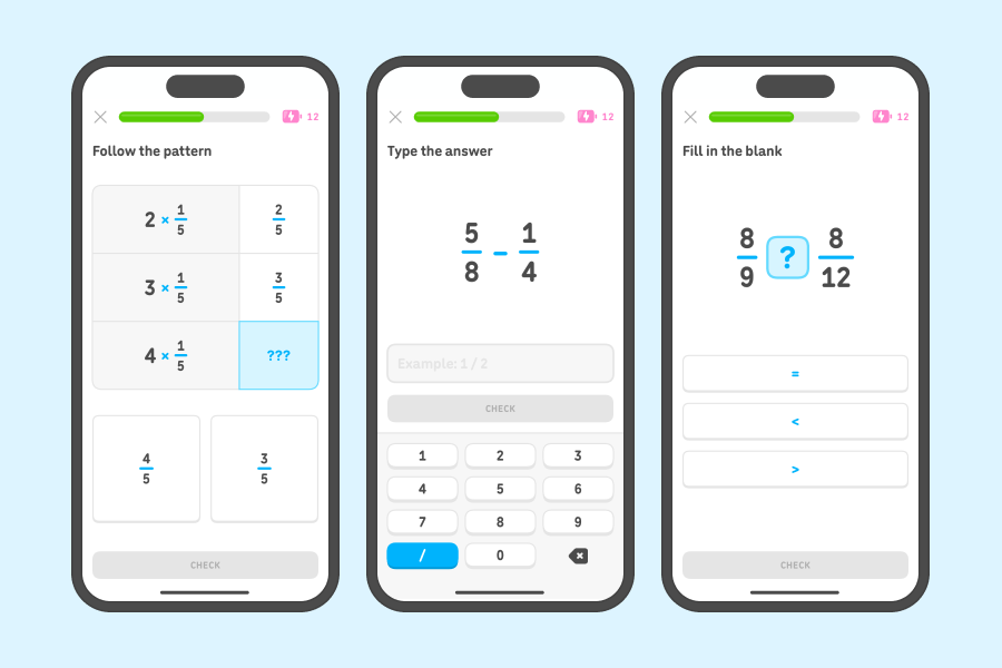Three app screenshots side-by-side showing exercises from the “Fraction operations” and “Compare and operate on fractions” units.