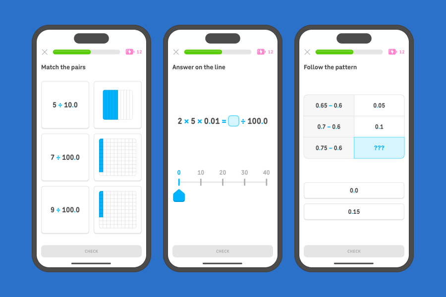 Three app screenshots side-by-side showing exercises from the 6th grade fractions and decimal units.
