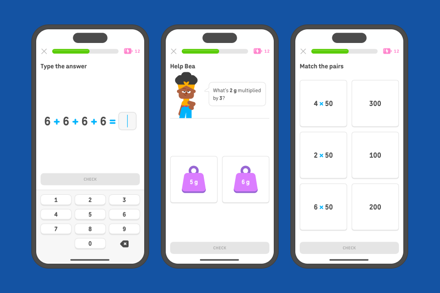 Three app screenshots side-by-side showing exercises from the “Intro to multiplication,” “Multiply 1-digit numbers,” and “Multiply large numbers” units.