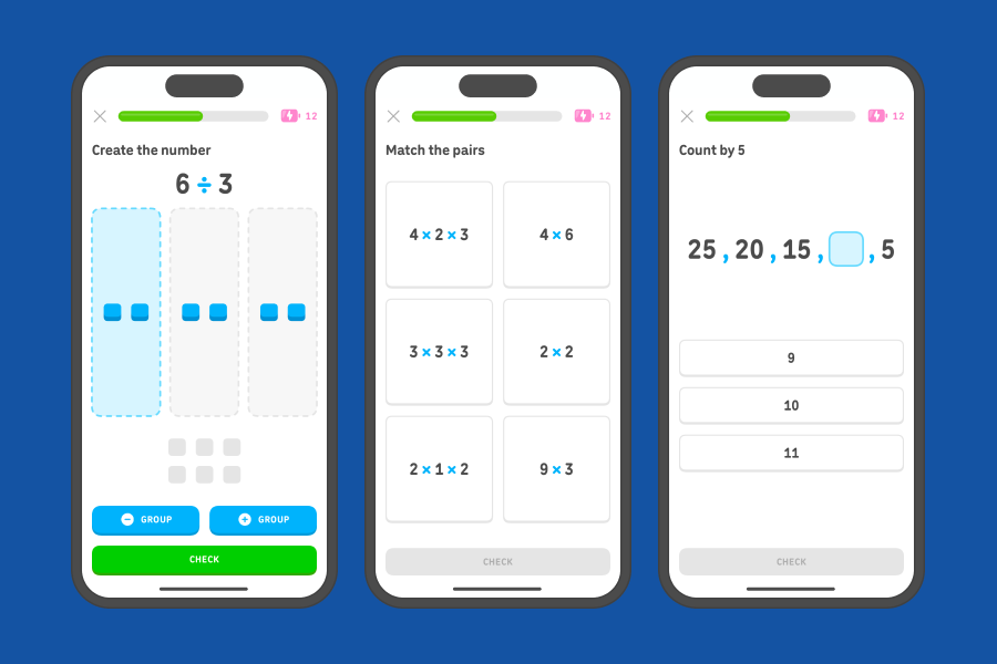 Three app screenshots side-by-side showing exercises from the “Multiply and divide” unit.