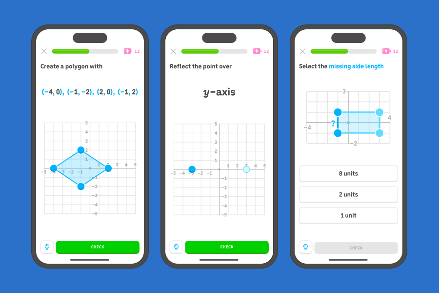 Three app screenshots side-by-side showing exercises from the 6th grade geometry and coordinate plane units.