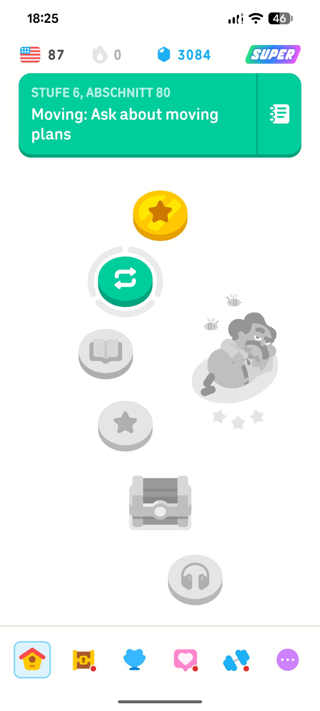 Screenshot des Duolingo-Lernpfads, der den bevorstehenden Teil eines Abschnitts des Englischkurses zeigt.
