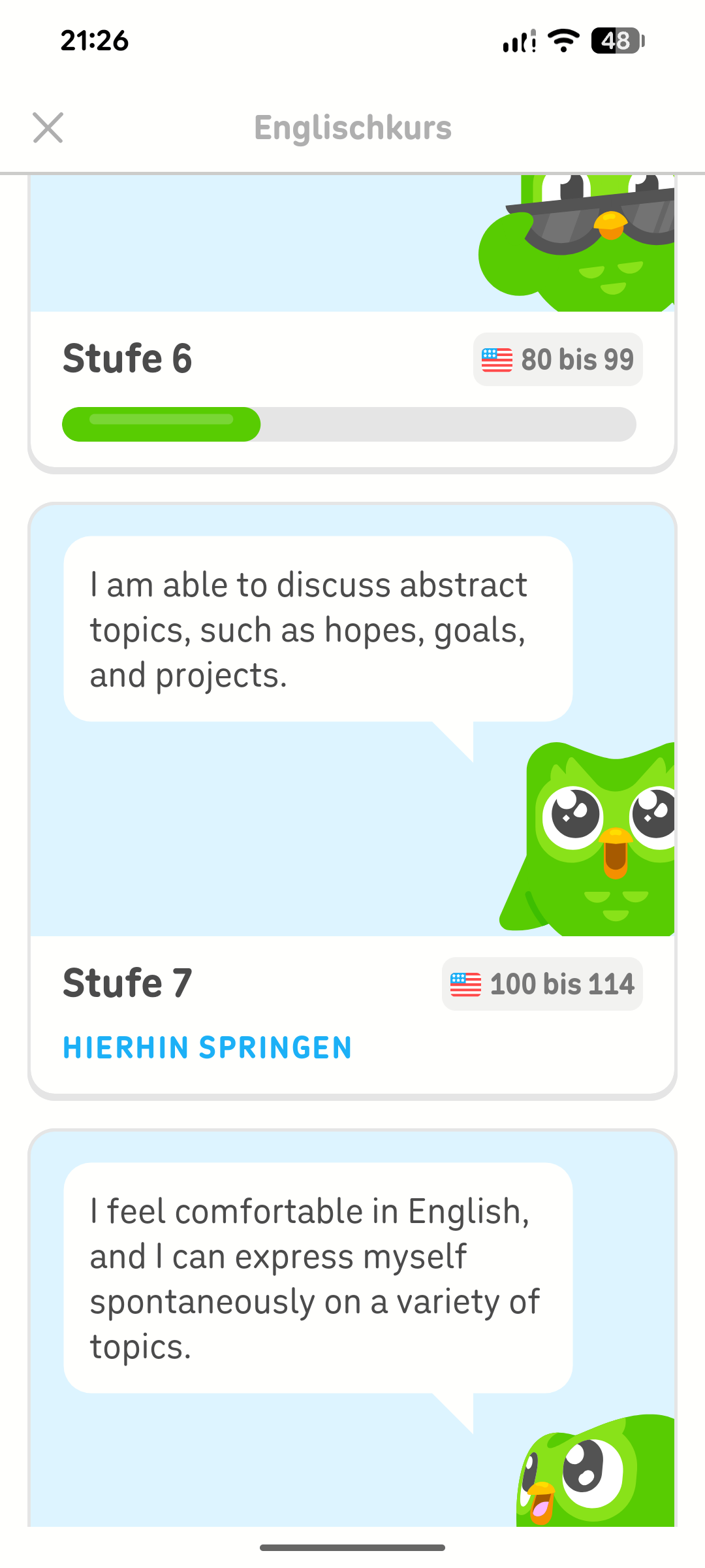 Screenshot der Liste der Stufen des Englischkurses, der zeigt, dass Stufe 1 bis 5 abgeschlossen sind und Stufe 6 bereits begonnen wurde.