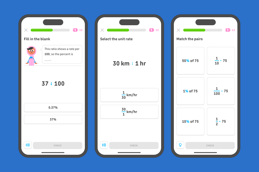 Three app screenshots side-by-side showing exercises from the “Percents,” “Rates and equivalent rates,” and “Unit rates” units.