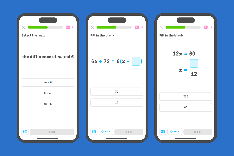 Three app screenshots side-by-side showing exercises from the 6th grade algebra units.