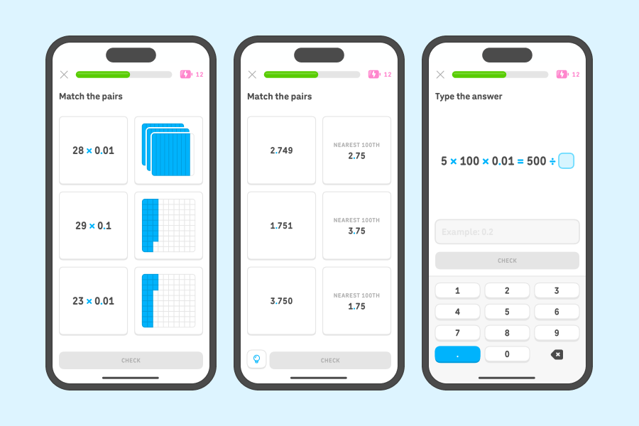 Three app screenshots side-by-side showing exercises from the decimal units.
