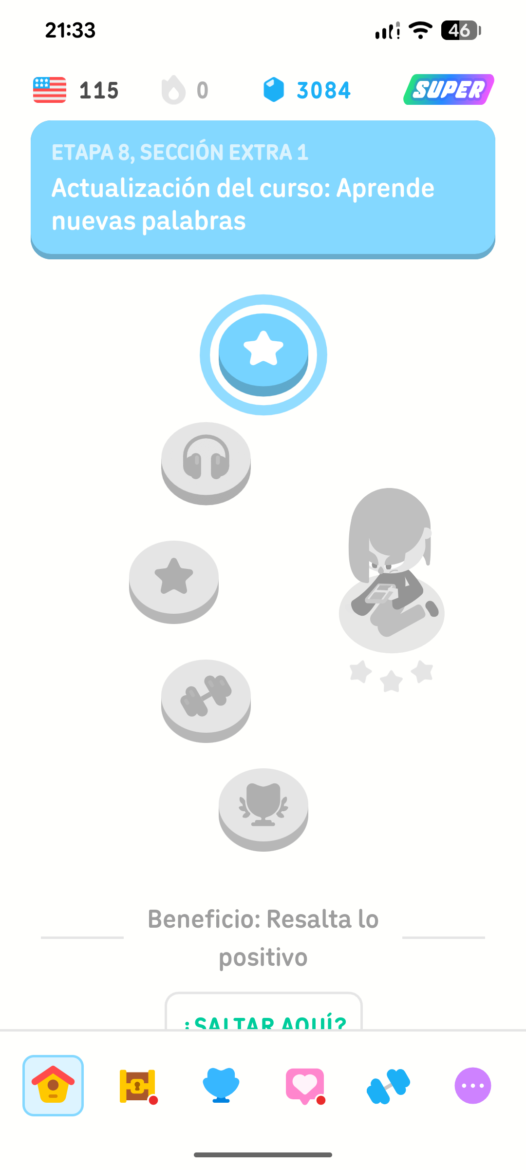 Captura de pantalla de la ruta de aprendizaje de Duolingo que muestra una sección y su descripción