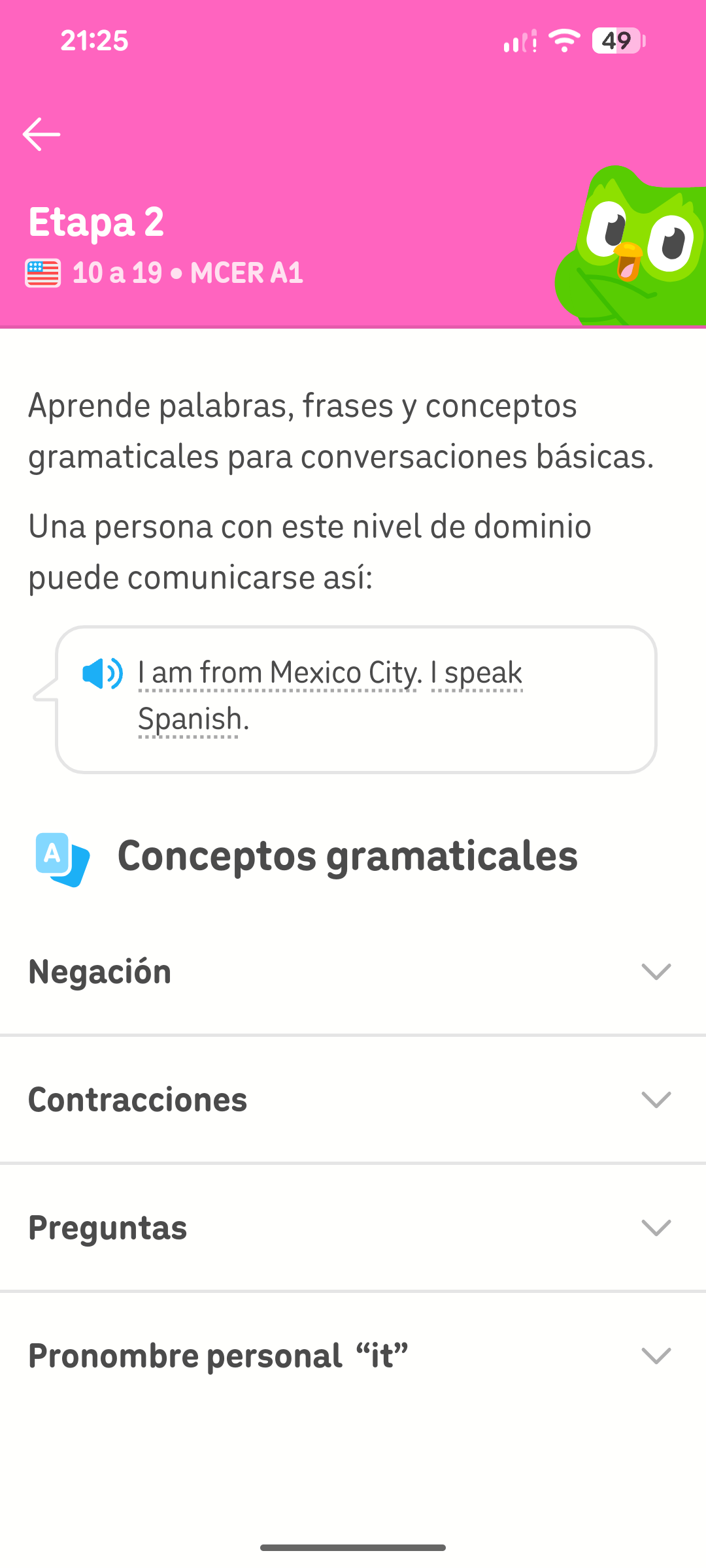 Captura de pantalla de la Etapa 2 que explica cómo el trabajo del curso cumple con los criterios A1 del MCER.