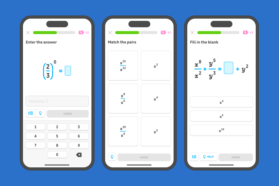 Three app screenshots side-by-side showing exercises from the 8th grade exponent, product, and quotient units.
