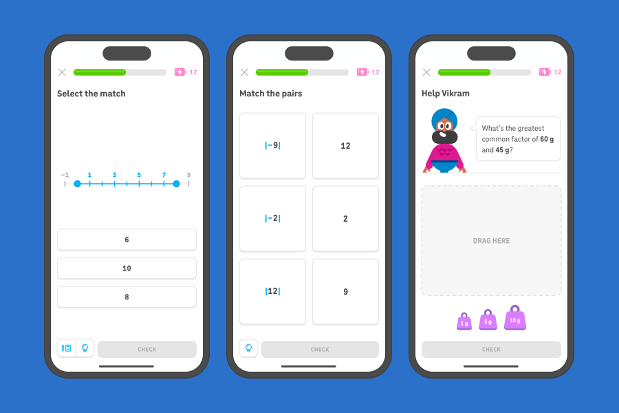 Three app screenshots side-by-side showing exercises from the 6th grade negatives, factors, and multiples units.
