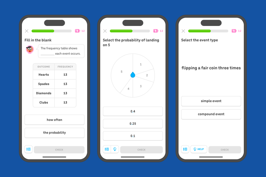 Three app screenshots side-by-side showing exercises from the 7th grade probability and compound events units.