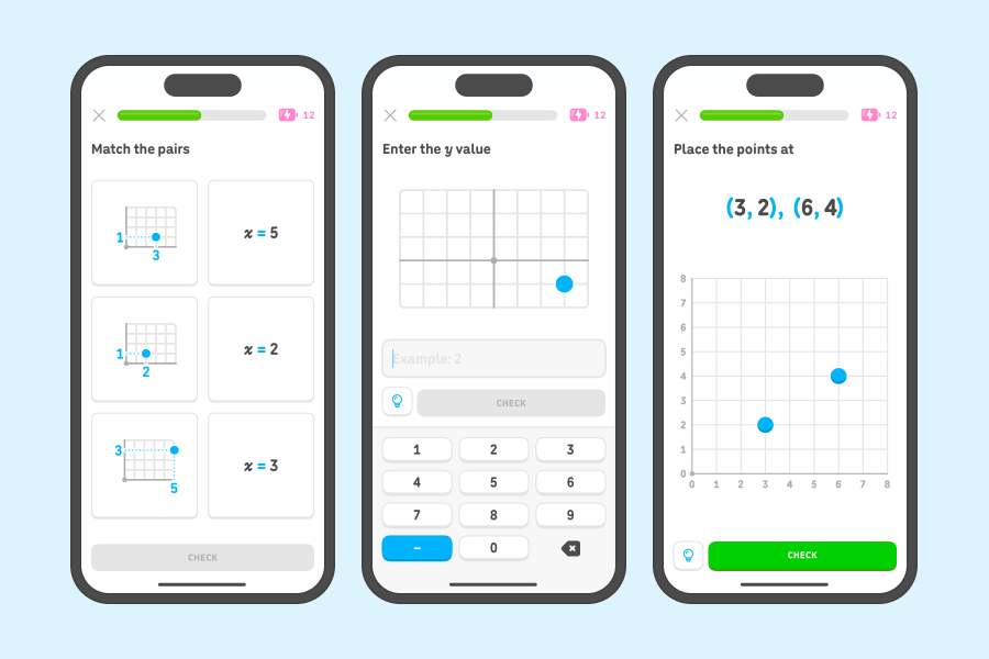 Three app screenshots side-by-side showing exercises from the “Plot points” unit.