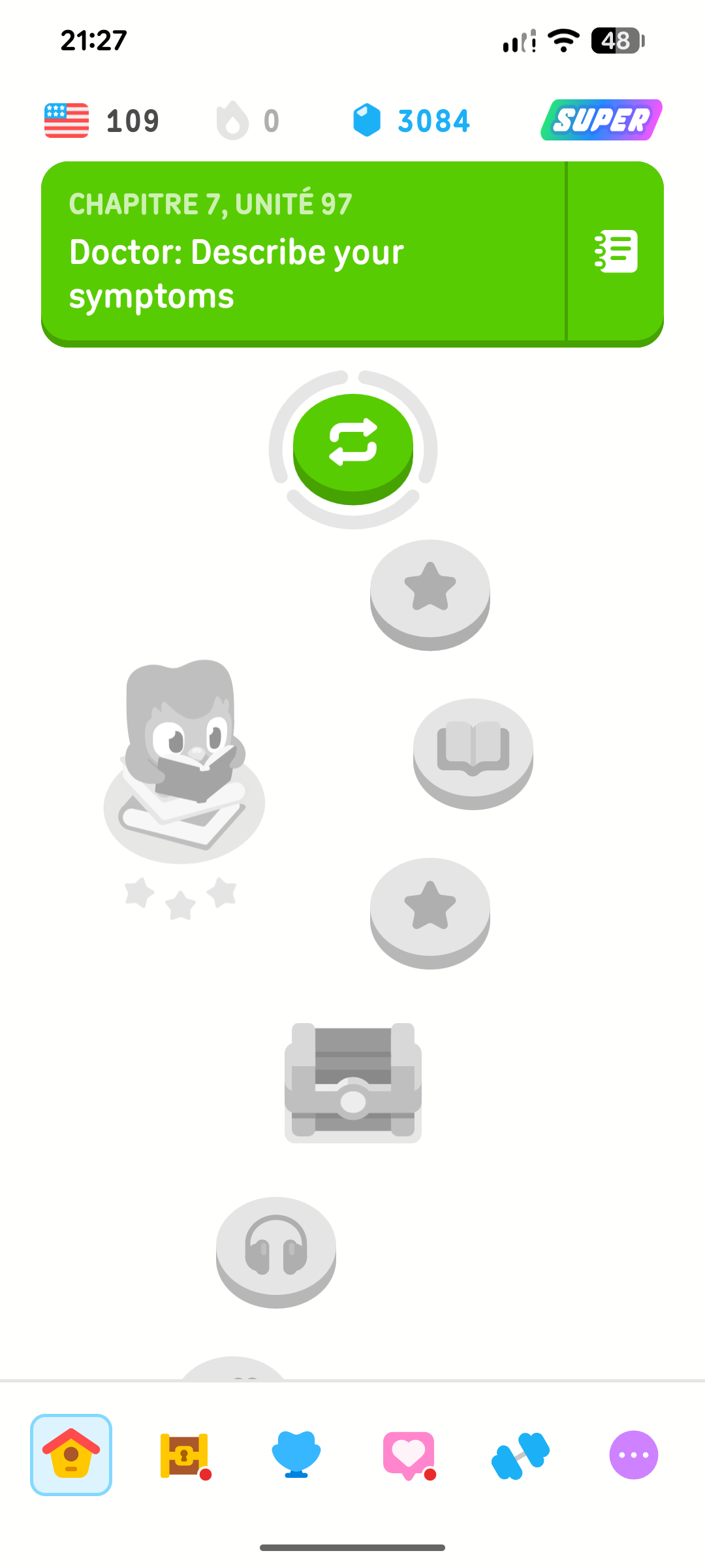 Le parcours d’apprentissage Duolingo affiche les leçons à venir du cours d’anglais