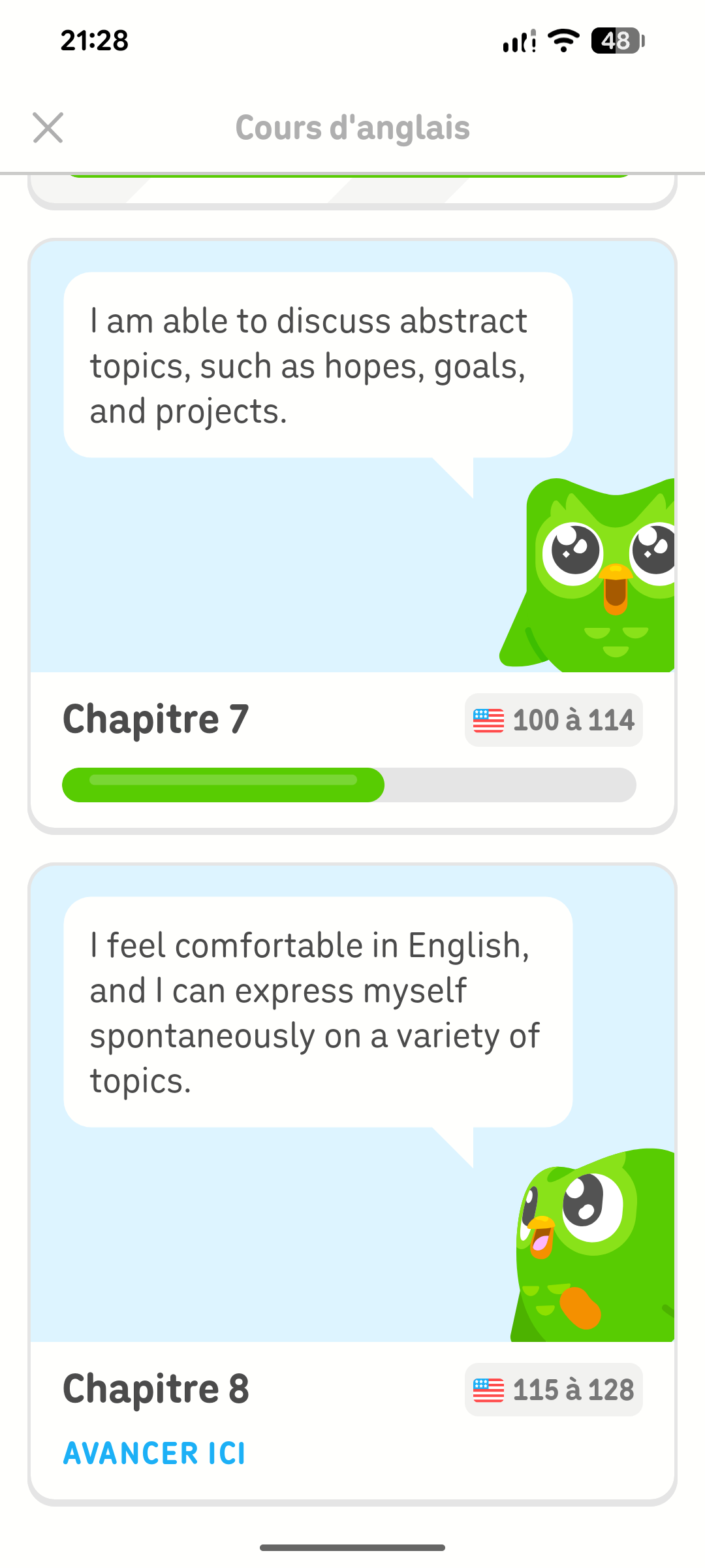 Le menu des chapitres du cours d’anglais affiche la progression dans le chapitre en cours ainsi que les chapitres à venir