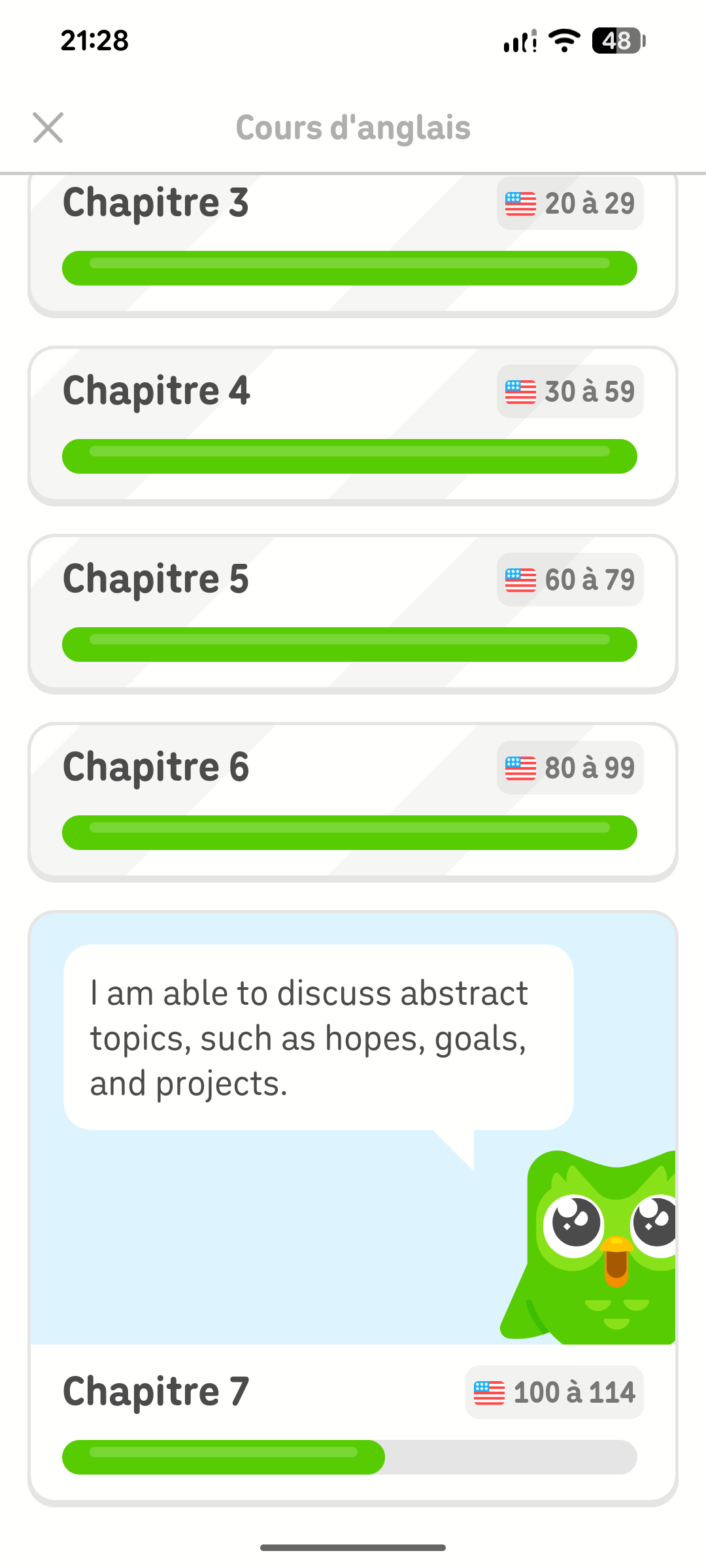Le menu des chapitres du cours d’anglais montrant que les chapitres 1 et 2 sont terminés et que l’utilisateur en est actuellement au chapitre 7.