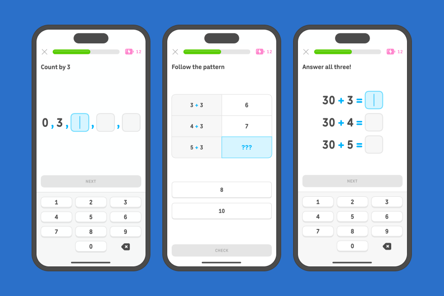 Three app screenshots side-by-side showing exercises from the “Number patterns” unit.
