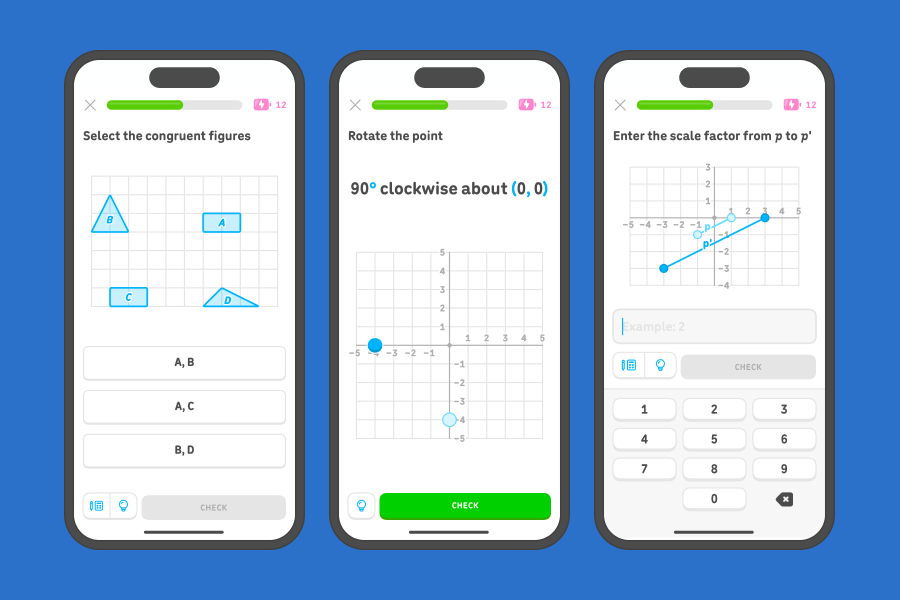 Three app screenshots side-by-side showing exercises from the 8th grade coordinate plane geometry units.