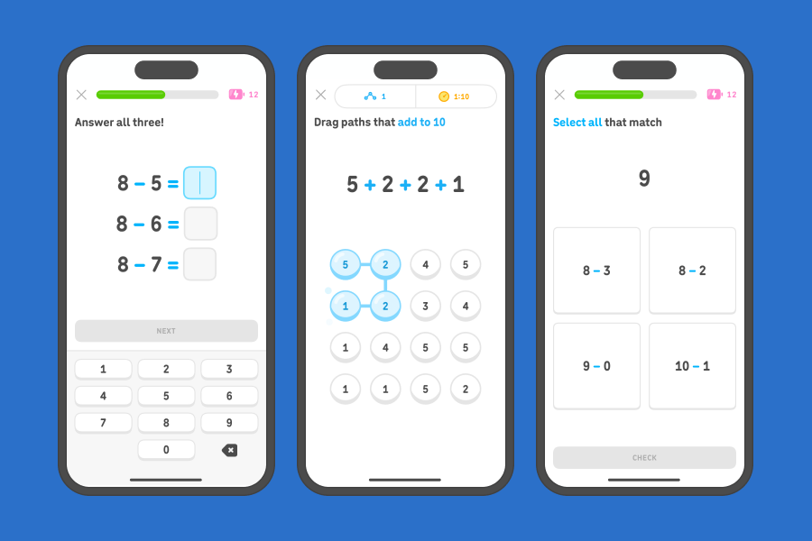 Three app screenshots side-by-side showing exercises from the “Intro to addition and subtraction” unit.