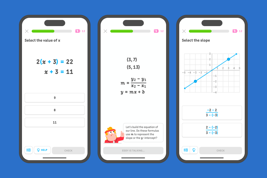 Three app screenshots side-by-side showing exercises from the 8th grade lines and slopes units.