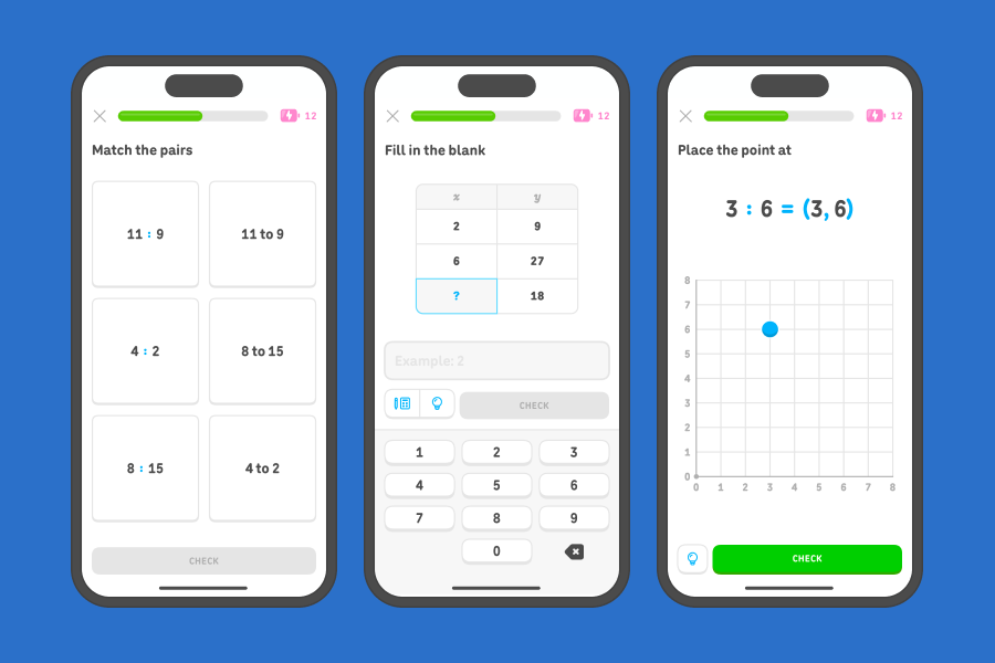 Three app screenshots side-by-side showing exercises from the 6th grade ratio units.