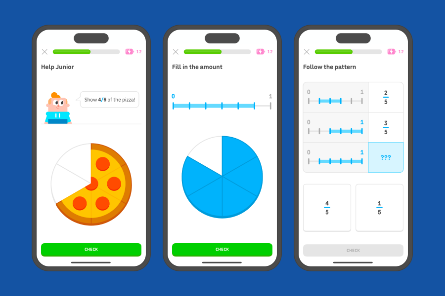 Three app screenshots side-by-side showing exercises from the fractions units.