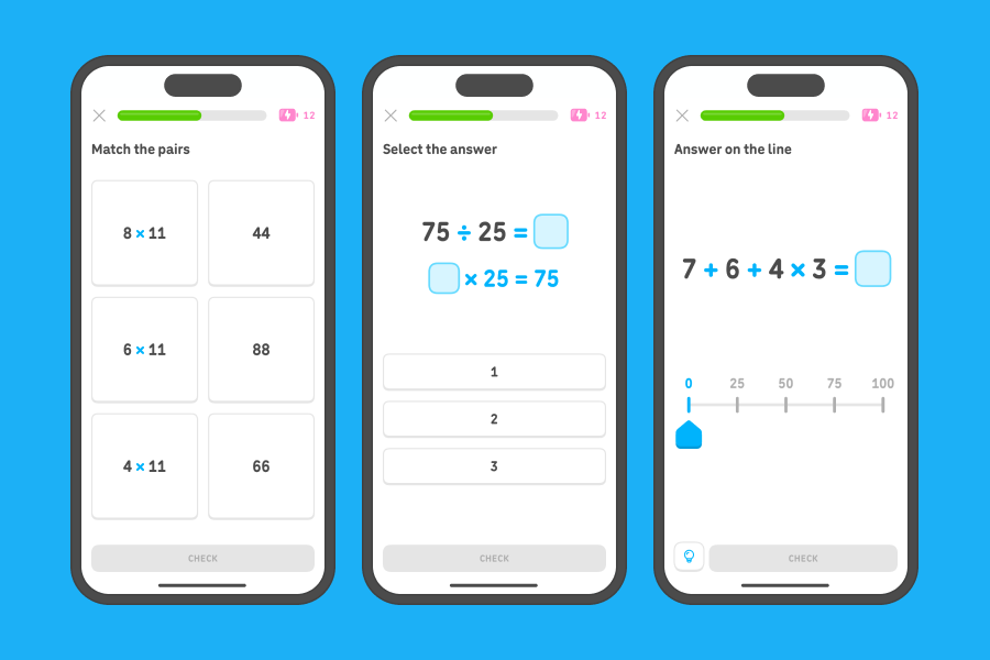 Three app screenshots side-by-side showing exercises from the “Multiply and divide whole numbers,” “Multiply and divide large numbers,” and “Order of operations” units.