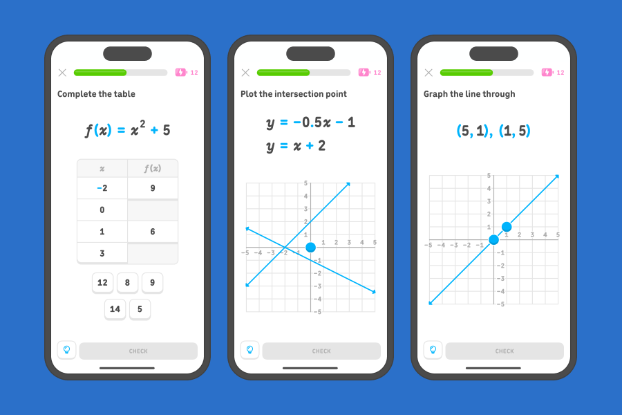 Three app screenshots side-by-side showing exercises from the 8th grade functions and linear models units.