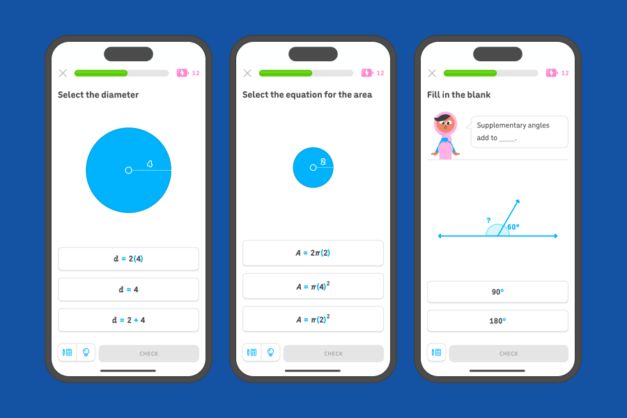 Three app screenshots side-by-side showing exercises from the 7th grade “Circles” and “Angle relationships” units.