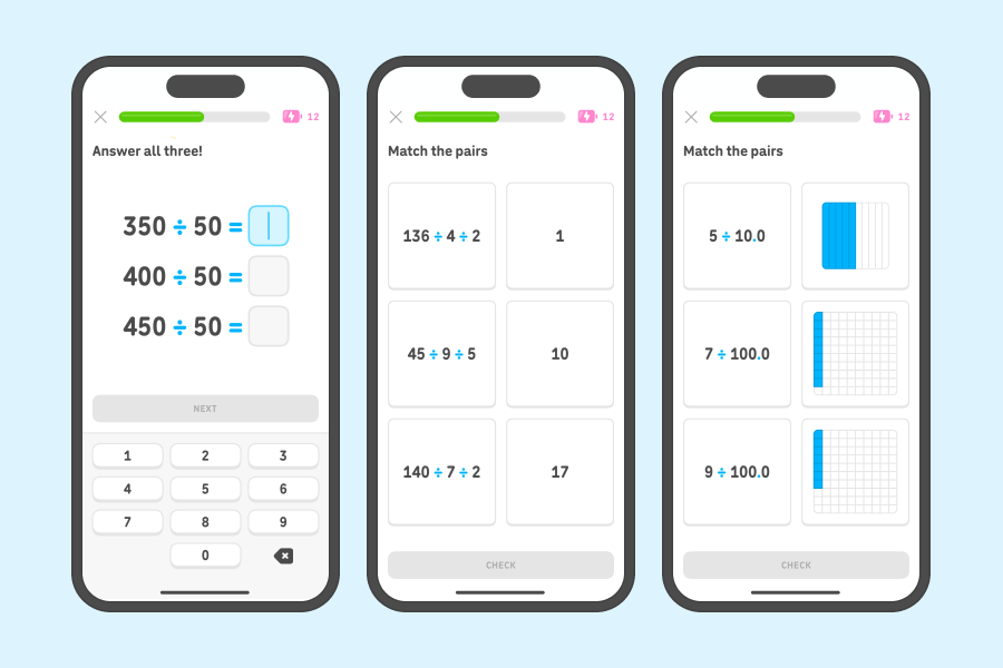 Three app screenshots side-by-side showing exercises from the “Multiply and divide numbers” and “Multiply and divide decimals” units.