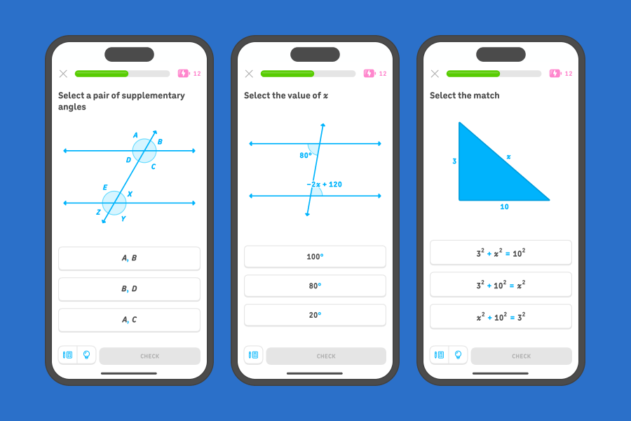 Three app screenshots side-by-side showing exercises from the “Angles with parallel lines,” “Triangles,” and “The Pythagorean Theorem” units.