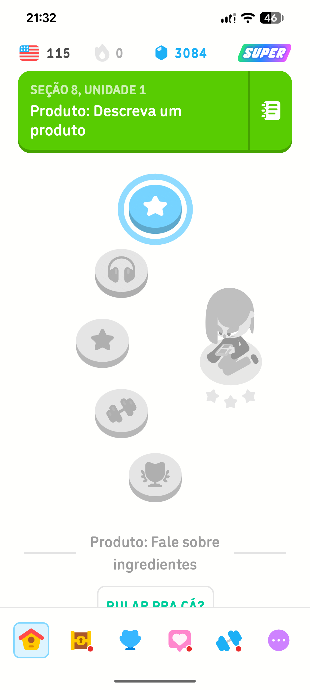 Captura de tela da trilha de aprendizado do Duolingo mostrando vários tipos de lições em uma das unidades do curso de inglês.