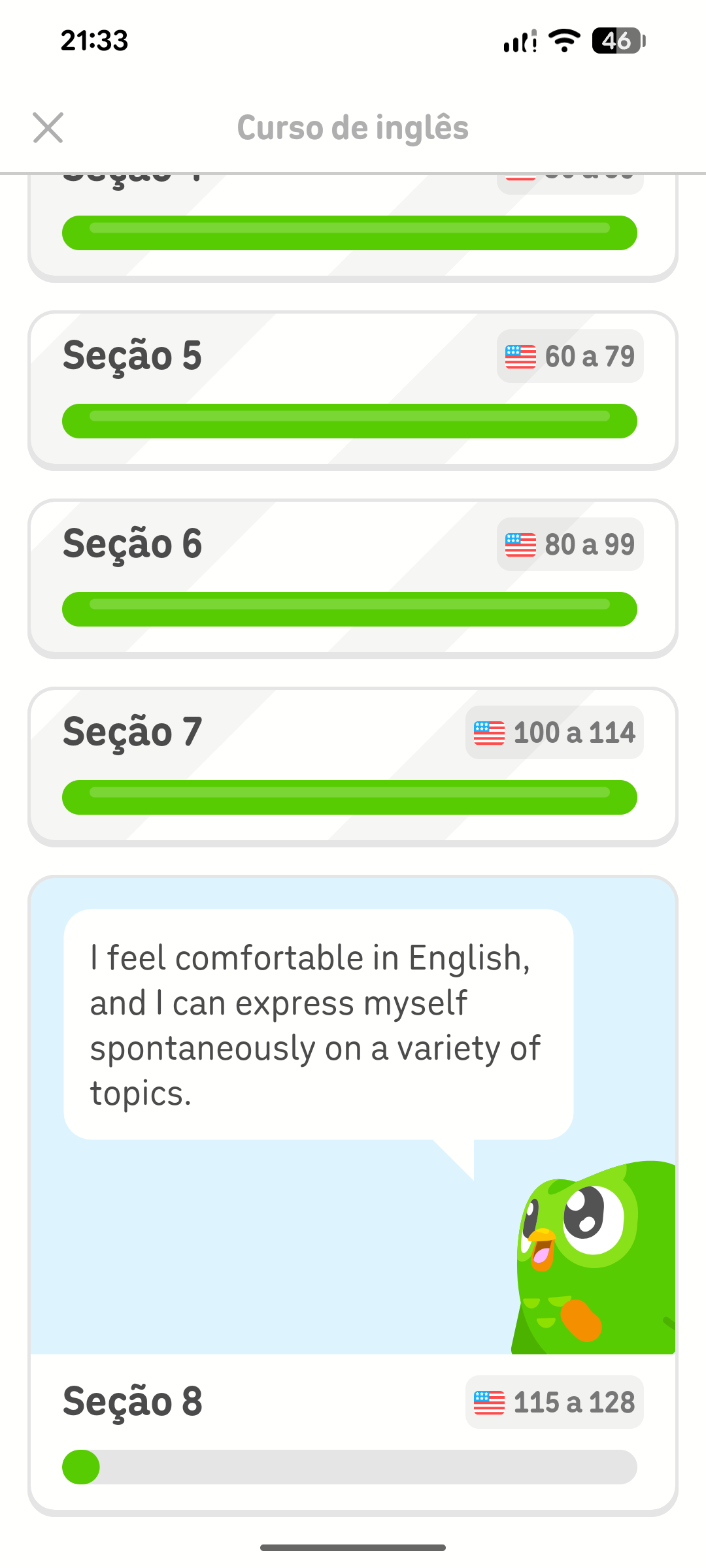 Captura de tela do menu das seções do curso de inglês mostrando as seções de 4 a 7 concluídas e a seção 8 recém-iniciada.