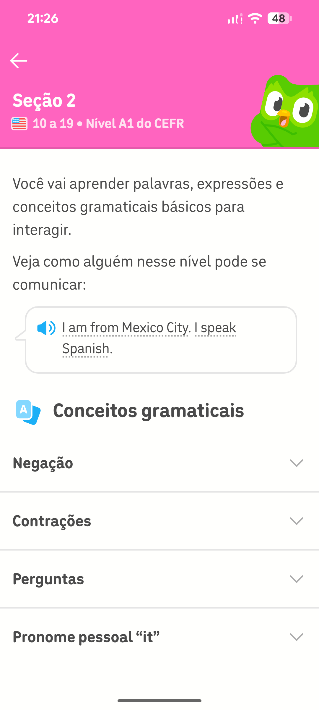 Captura de tela da seção 2 explicando como os tópicos do curso atendem aos critérios A1 do CEFR.