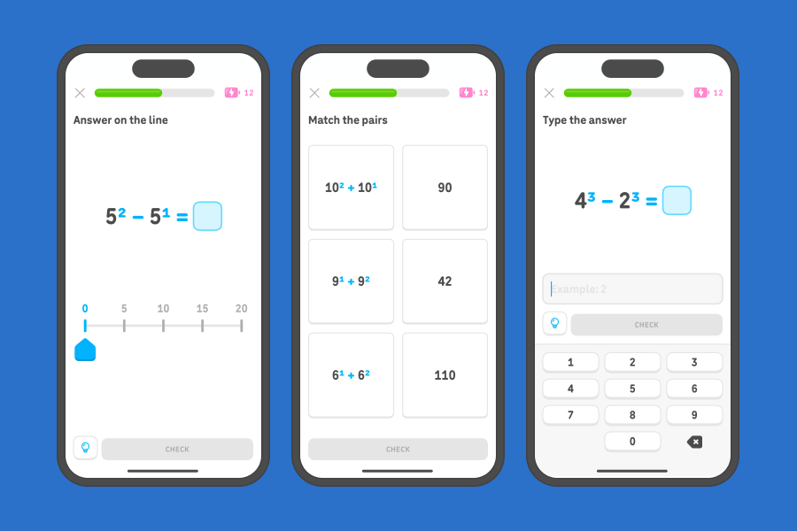 Three app screenshots side-by-side showing exercises from the “Exponents” and “Exponent operations” units.