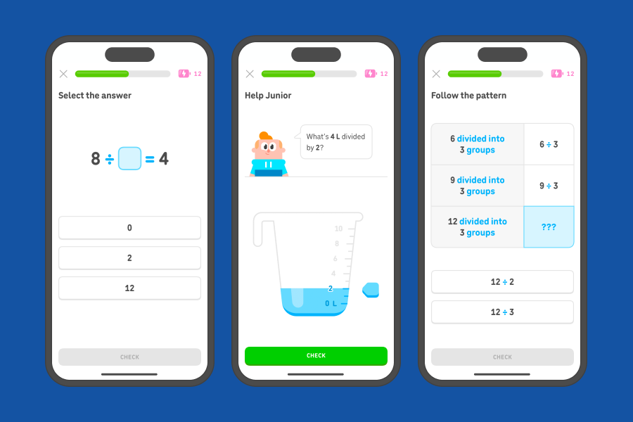 Three app screenshots side-by-side showing exercises from the “Intro to division” unit.