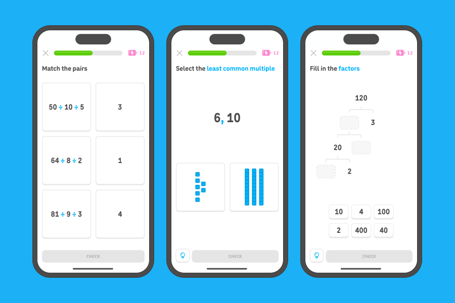 Three app screenshots side-by-side showing exercises from the “Intro to factors” and “Intro to least common multiple” units.