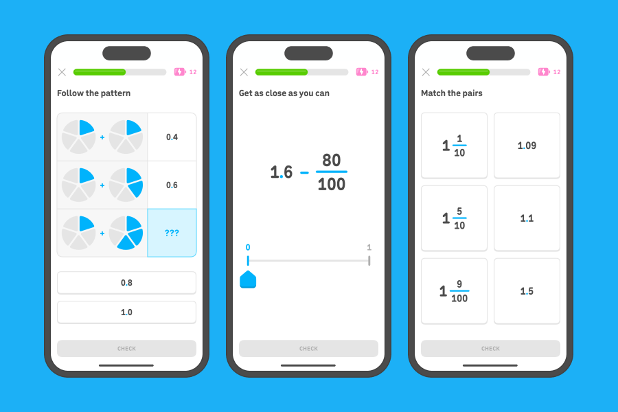 Three app screenshots side-by-side showing exercises from the “Fractions and decimals,” “Intro to fraction operations,” and “Intro to decimals” units.