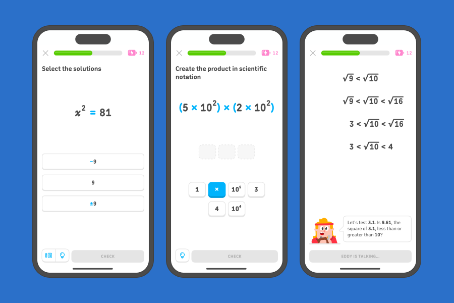 Three app screenshots side-by-side showing exercises from the “Roots,” “Irrational numbers,” and “Scientific notation” units.