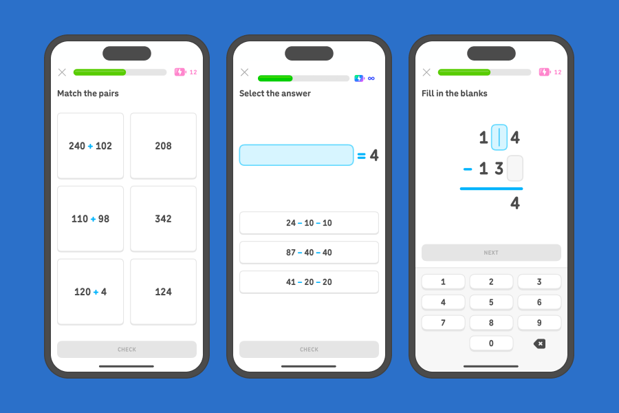 Three app screenshots side-by-side showing exercises from the “Add and subtract multiple numbers” and “Add and subtract up to 500” units.