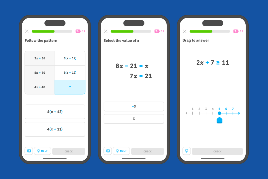 Three app screenshots side-by-side showing exercises from the 7th grade algebra units.