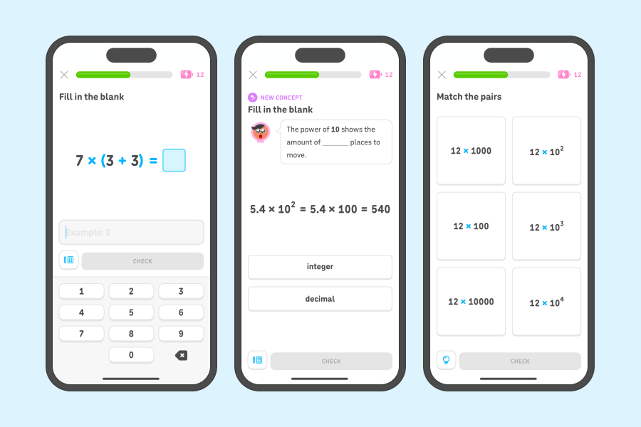 Three app screenshots side-by-side showing exercises from the “Intro to exponents,” “Distributive property,” and “Place value” units.