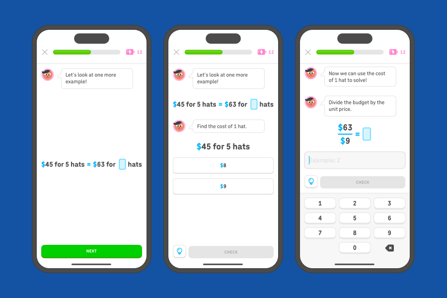 Three app screenshots side-by-side showing word problems from the 7th grade rates and proportions units.