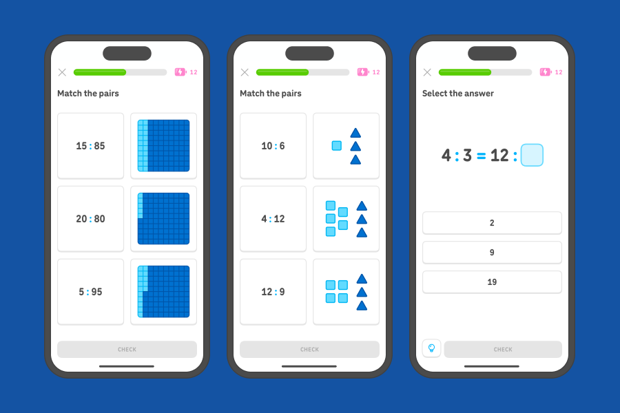 Three app screenshots side-by-side showing exercises from the 7th grade rates and proportions units.
