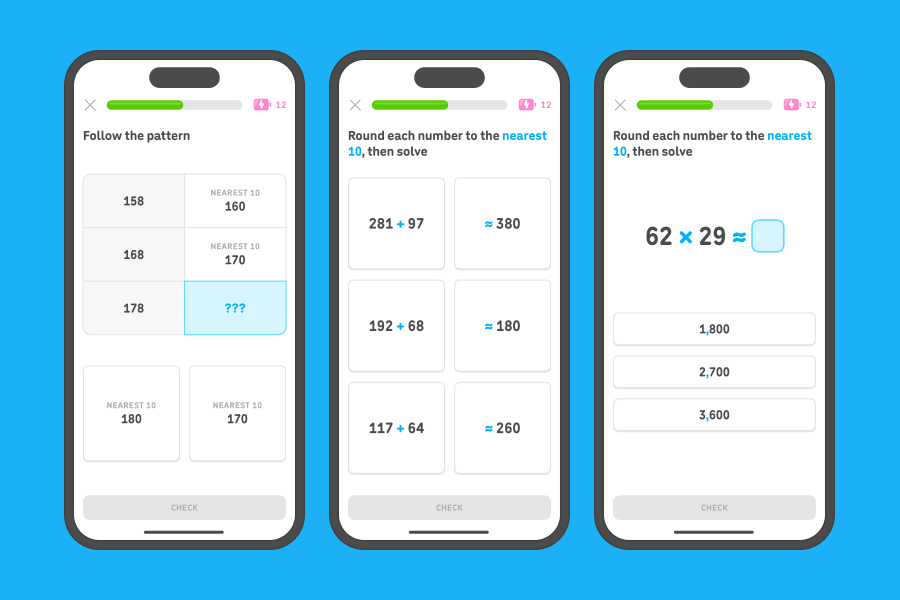 Three app screenshots side-by-side showing exercises from the “Rounding” unit.