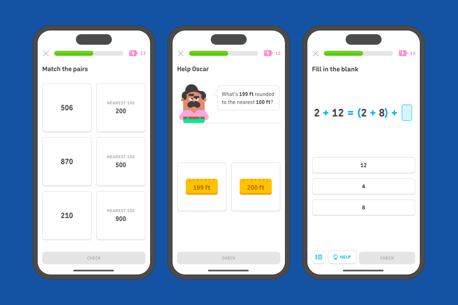 Three app screenshots side-by-side showing exercises from the “Rounding and magnitude” and “Rounding with operations” units.