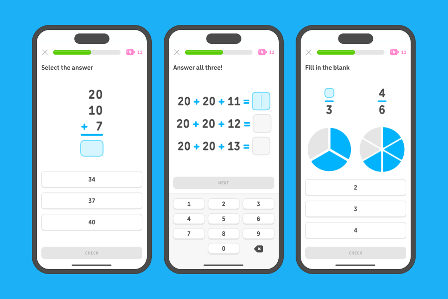 Three app screenshots side-by-side showing exercises from the “Operational thinking” unit.